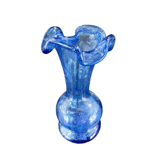 Vintage Hand Blown Cobalt Blue Bud Vase Ruffled Edges Hand Made Glass Decor VTG - Picture 2 of 14